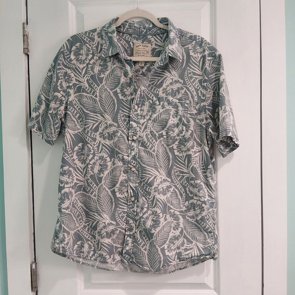 Fat Face Men's L Short Sleeve Hawaiian Floral Shirt Green 100% Cotton Casual